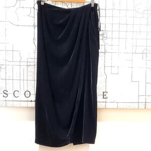 Donna Karan Black Velvet Drape Faux Wrap Effect Front Midi Skirt, Size 4, NWT